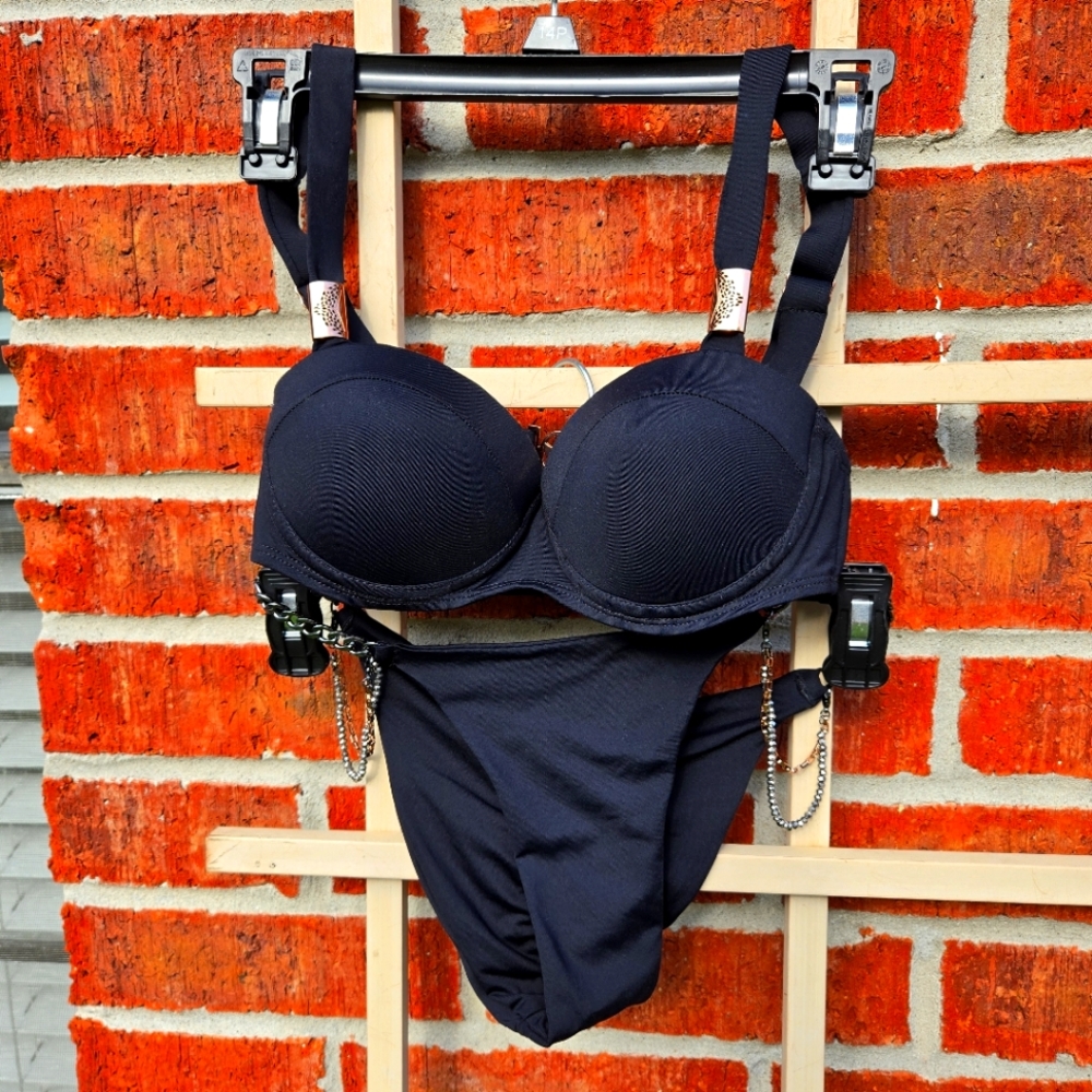 Lisa Blue Call of the Whale Bikini Set Swimsuit Chains Black Small